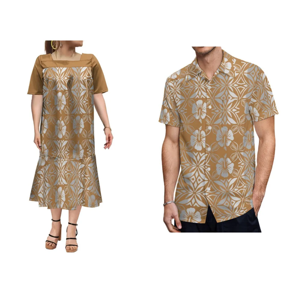 Summer Short sleeved Women's Dress and Men's Shirt Customized Pacific Island Couple Set 2024 New Dress Banquet Dress