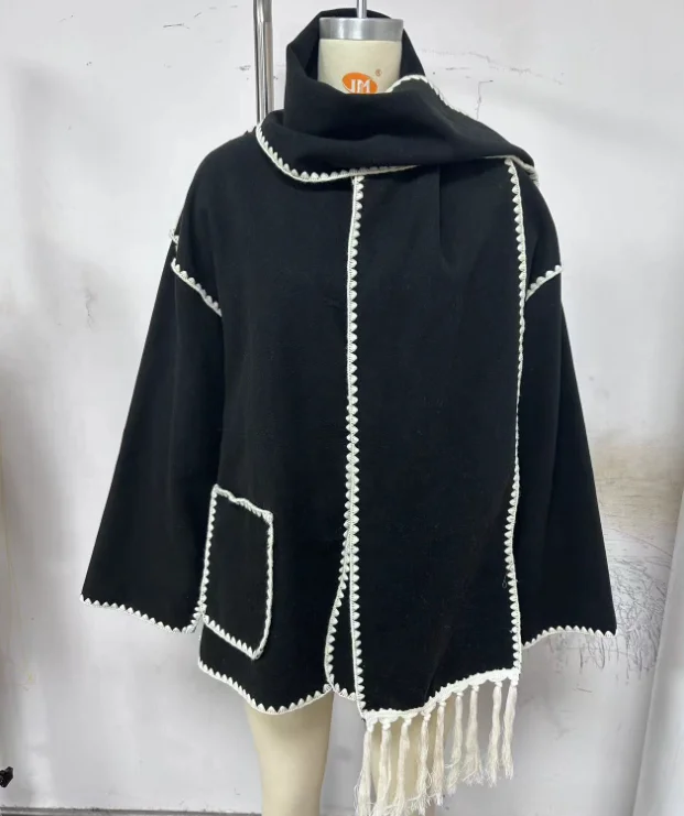 Latest U-Shape Collar Loose Fit Woolen Coat Comes with Tassel Scarf for Women Winter Jacket Woman 2024 Autumn Winter