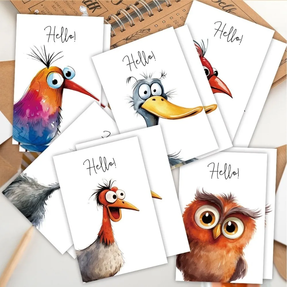 

6/12 pcs Funny Expressions Watercolor Bird Cards Handwritten Style Blank Page Blank Cards With Envelopes Watercolor Design