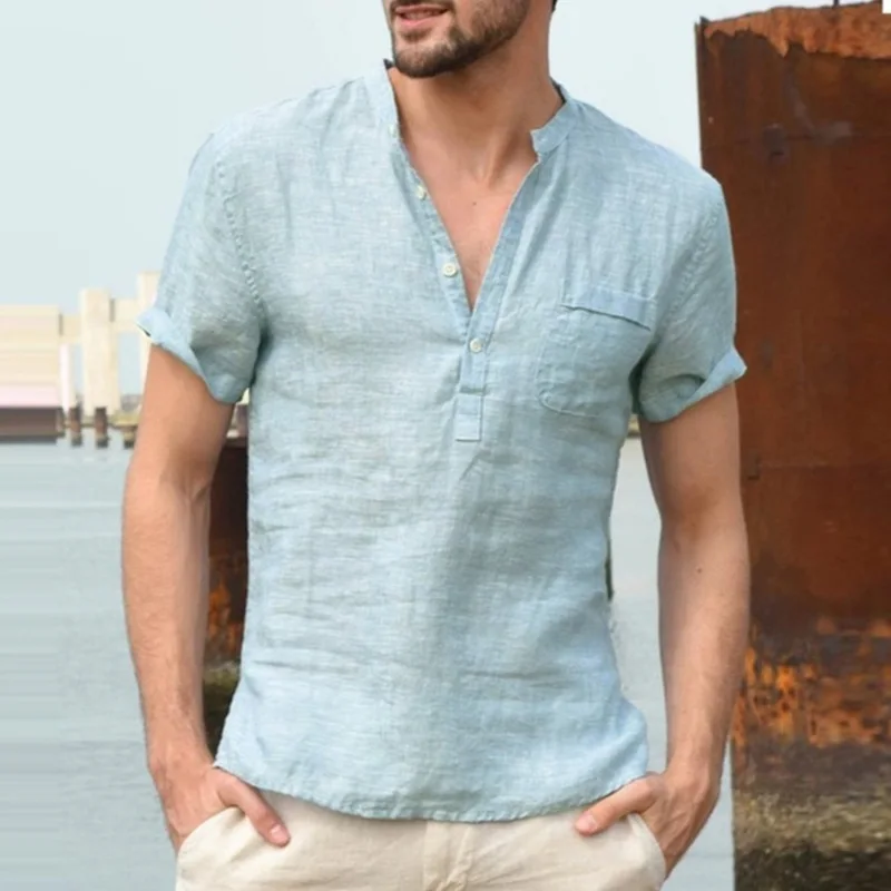 Herren Baumwoll-Leinen Henley Kurzarm-T-Shirt Leicht Atmungsaktiv Einfarbig Lässiger Lockerer Schnitt Sommer Strand Urlaub Oberteil – Detail 5