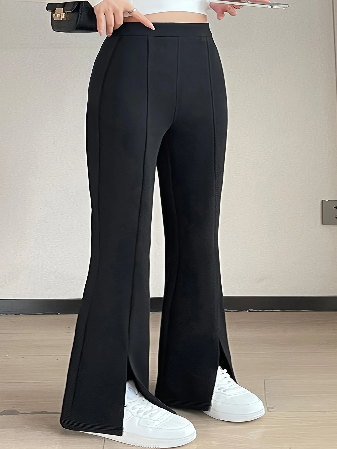 2024 Spring and Autumn Fashion New Women\'s Plus Size Slit Design Solid Color Straight Pants Nine Minute Pants