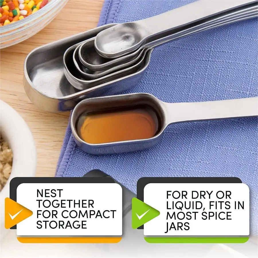 

Stainless Steel Narrow Measuring Spoons, Metal Measuring Spoons with Engraved Measurements Set of 7, for Dry or Liquid