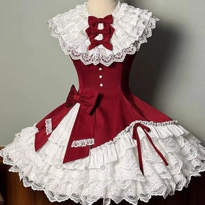 

Bow Dresses Women Y2K Sweet Lolita Kawaii JK Girls Hollow Out Daily Wearable Gold Sleeveless Bow Dress A-line Dresses Girls New