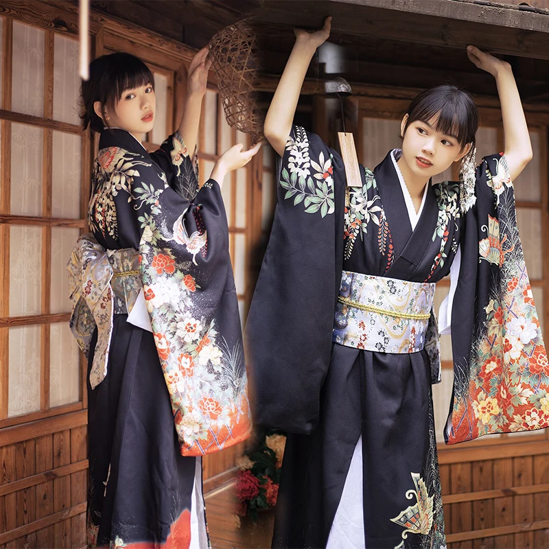 

Traditional Women's Kimono Photography Costume Dark Series Revamped Vintage Long Sleeve Formal Wear Stage Outfit for Girls