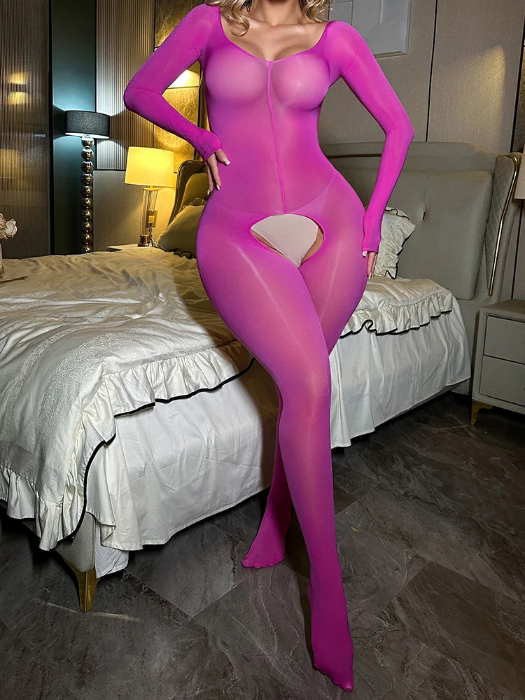 Sexy Vrouwen Lingerie Crotchless Bodysuit Sheer Open Kruis Erotische Panty Olie Glanzende Jumpsuit Een stuk Body Kousen Turnpakje
