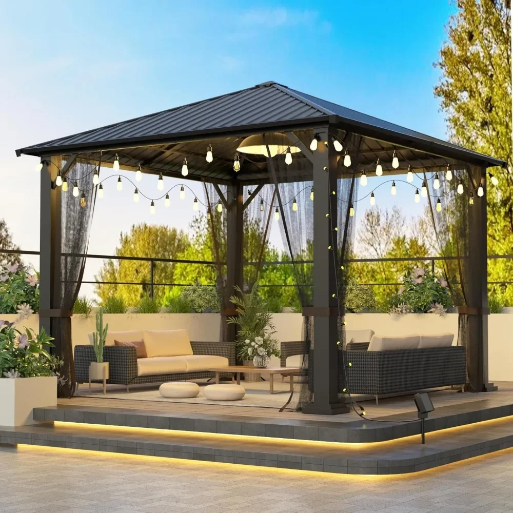 10x10 Hardtop Gazebo, Heavy Duty Galvanized Steel Pergola with Mosquito Nets, Sturdy Outdoor Canopies Tent, Metal Gazebo