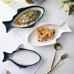 Dinner Plate Bohemia Ceramic Fish Plate Shape Large Capacity Plate Soup Noodle Salad Bowl Fruit Plate Retro Home Decoration