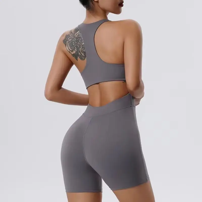 Yoga Romper Sexy Hollow Backless Scrunch Butt Sport Jumpsuit Short One Piece Gym Outfit Sleeveless Zipper Fitness Overalls