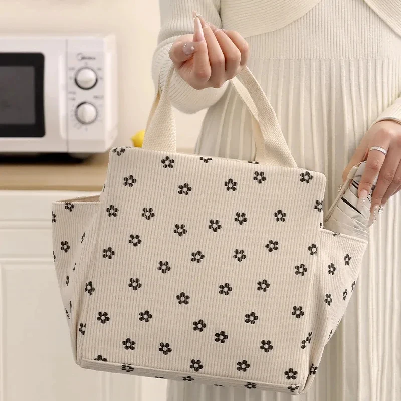 Portable Corduroy Lunch Bag, Insulated Lunch Box, Cute Printed Lunch Storage Bag, Picnic Lunch Bag, Large Capacity Tote Bag