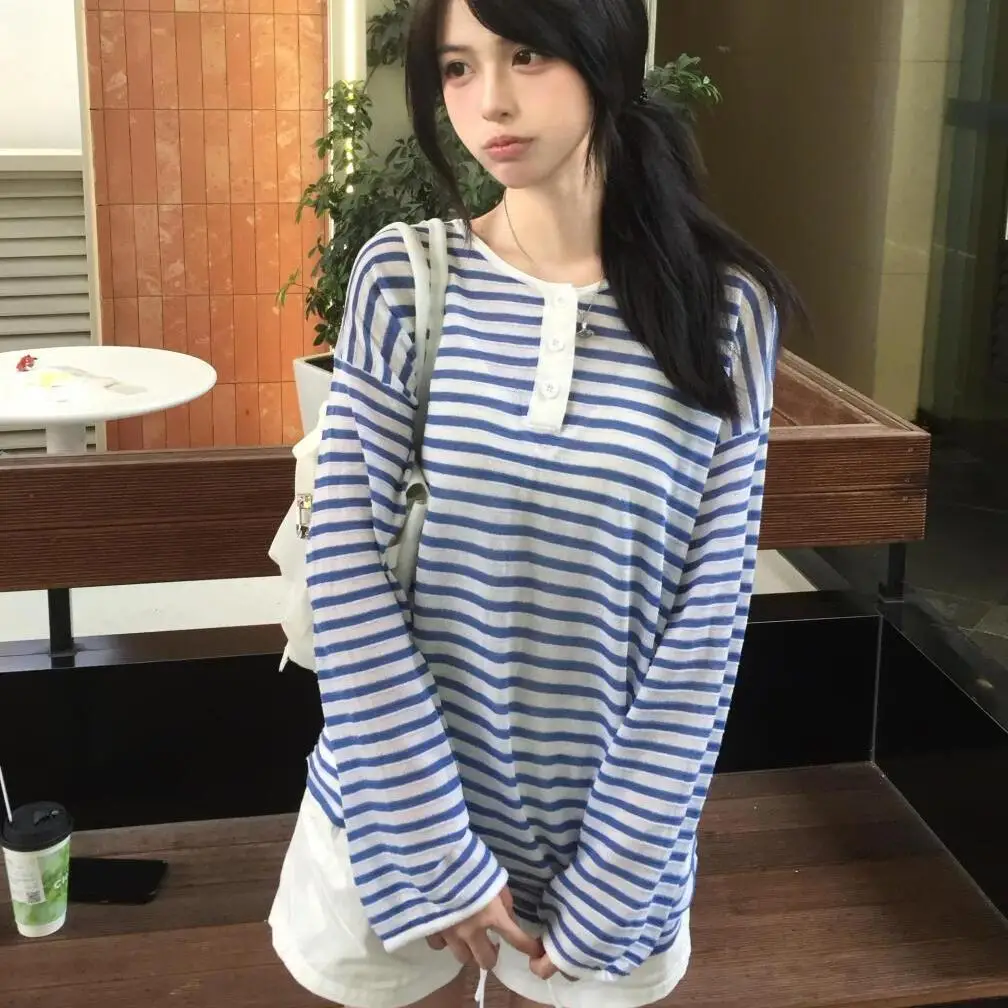 Kimotimo Women Blue White Striped Loose Long Sleeve T-shirt Casual Versatile Chic Slim Daily Outerwear Korean Ins Style Top