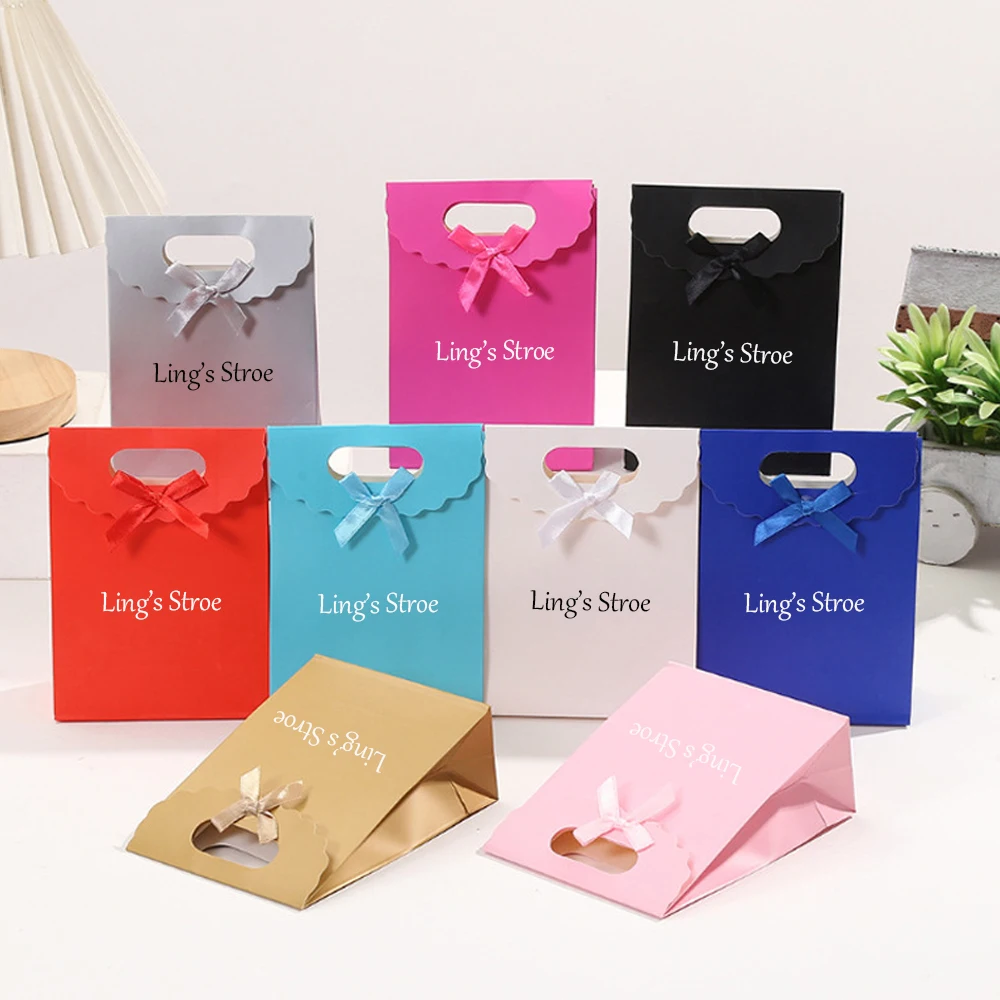 

50pcs Personalized Logo Jewelry Paper Handle Bag Gift Packaging Shopping Pockets Birthday Perfume Cookie Fruit Cake Portable Box