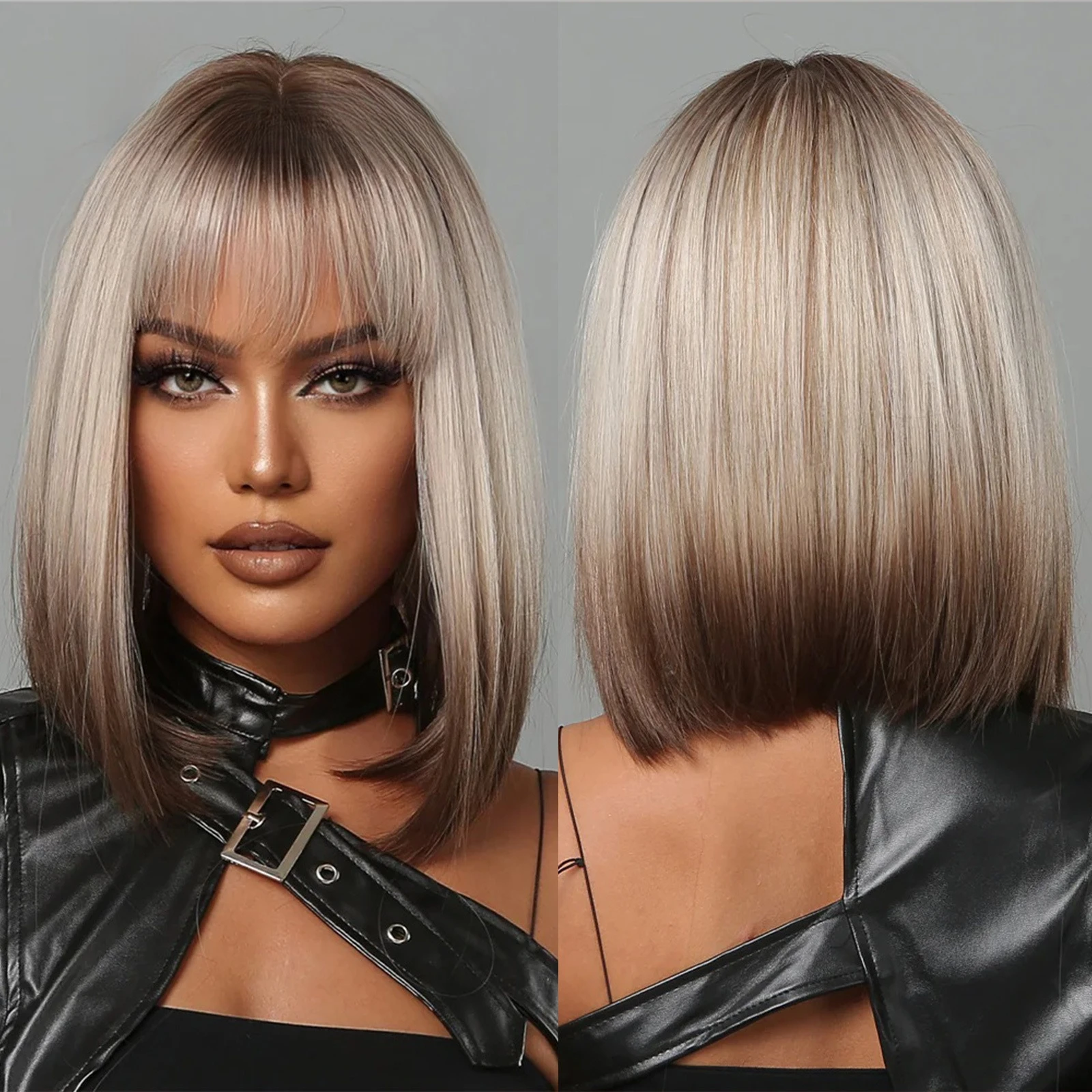 

Synthetic short straight hair with blunt bangs, brown to silver gradient, Bobo head style, daily wear cosplay wig for women