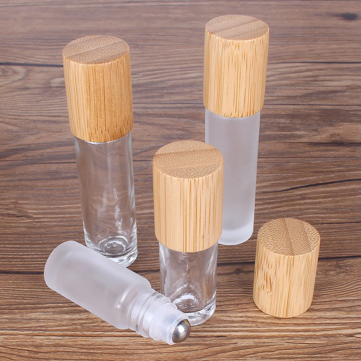 6/12/24pcs 5ml/10ml Portable Glass Roll on Refillable Bottle for Essential Oil with Stainless Roller and Bamboo Lid Perfume Vial