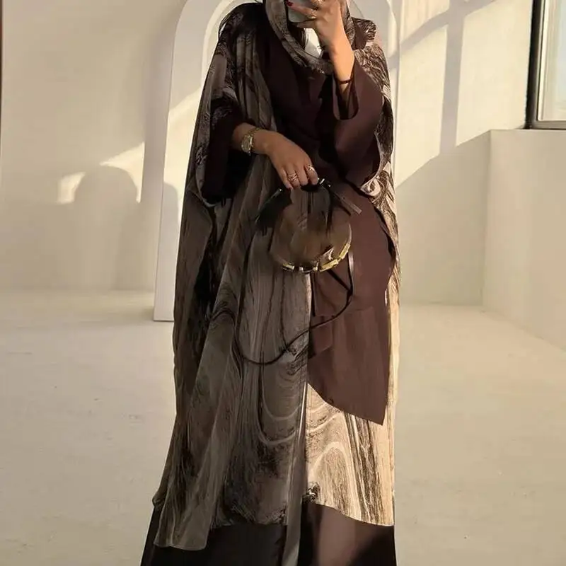 เสื้อคลุมแฟชั่นลายพิมพ์สำหรับฤดูใบไม้ร่วงและฤดูใบไม้ผลิ คอวีทรงหลวม ผ้าชีฟอง สไตล์ลำลอง แขนยาว สำหรับผู้หญิง พร้อมผ้าคลุมศีรษะ