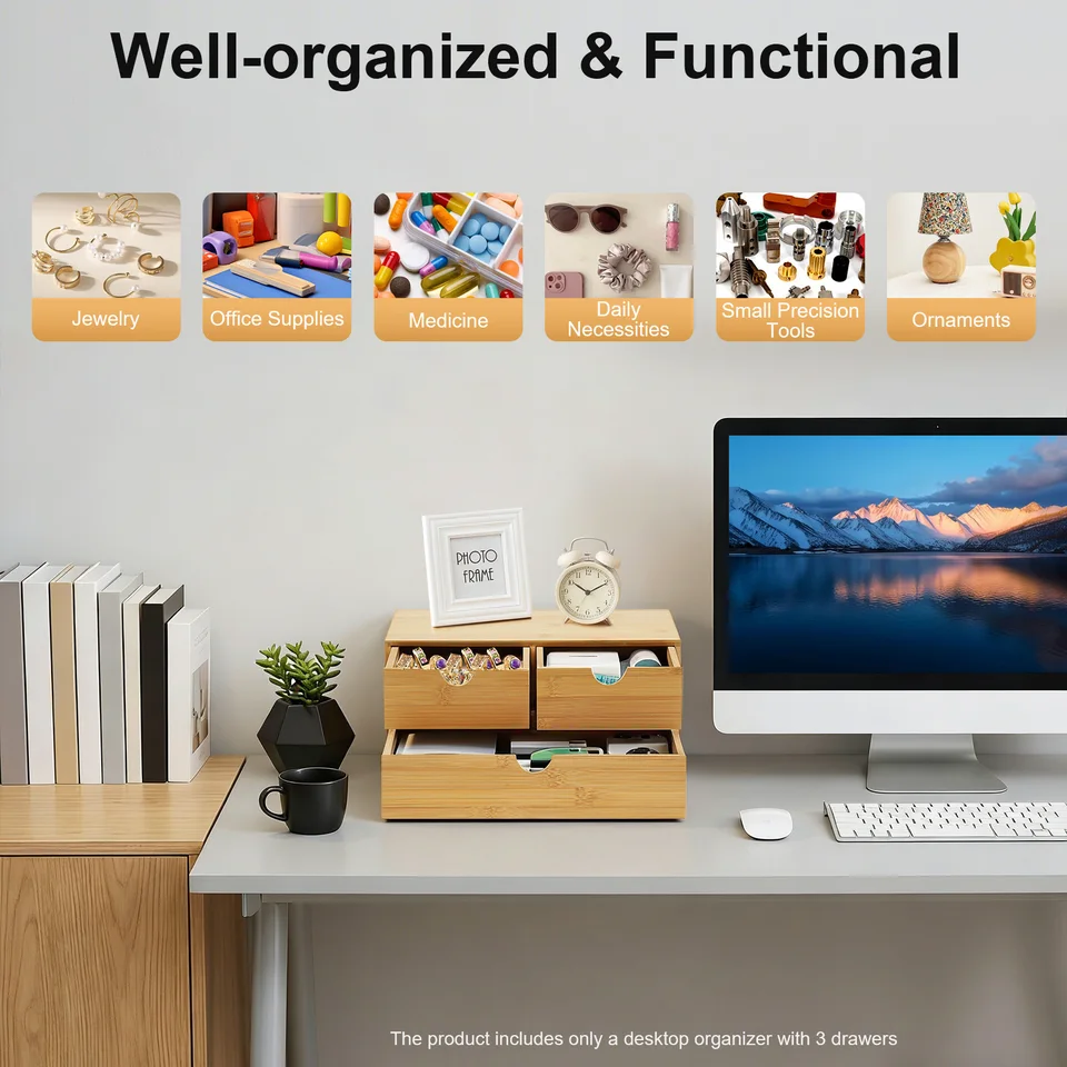 Organizador de escritorio de bambú color madera natural con 3 cajones, mini cajón de escritorio, caja de almacenamiento para artículos diarios 3
