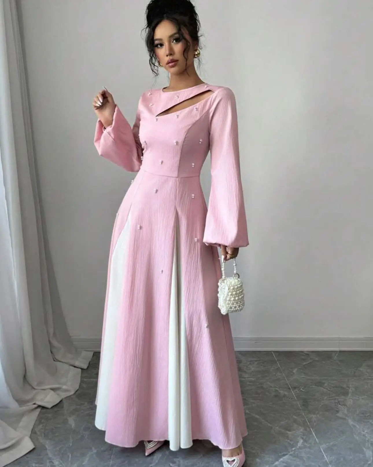 

Customized Temperament O-Neck Contrast Color Pearls Evening Dresses Graceful Long Sleeves Jersey Vestido De Festa Robe de soirée