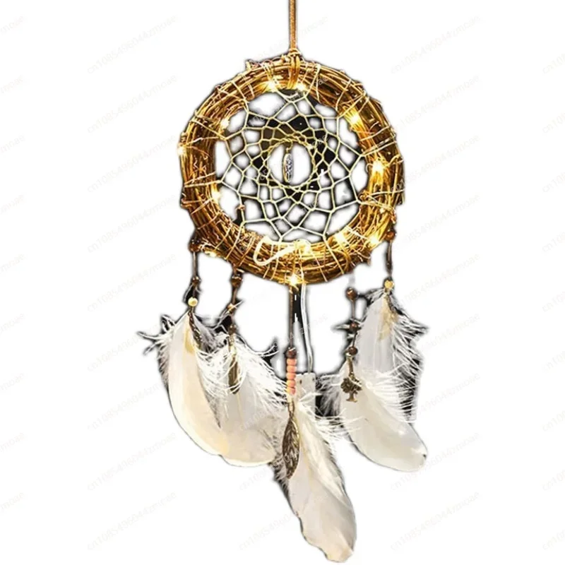 Round Rattan Pastoral Pendant Feather Dream Catcher Wind Chime pendant Room Arrangement Wall Decoration DIY Material Package