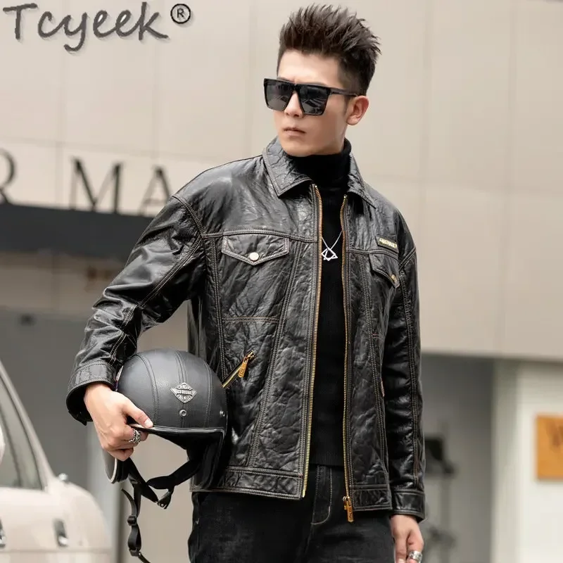 Tcyeek Spring Autumn Oil Wax Sheepskin Coat Men's Motorcycle Jacket 2024 Trendy 100% Genuine Leather Jackets Casual Short Style