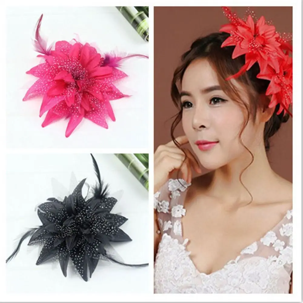 Fashion Brooch Feathers Hair Clip Flower Beads Bridal Hairpin Headdress Feather Corsage Barrettes for Dance Performance