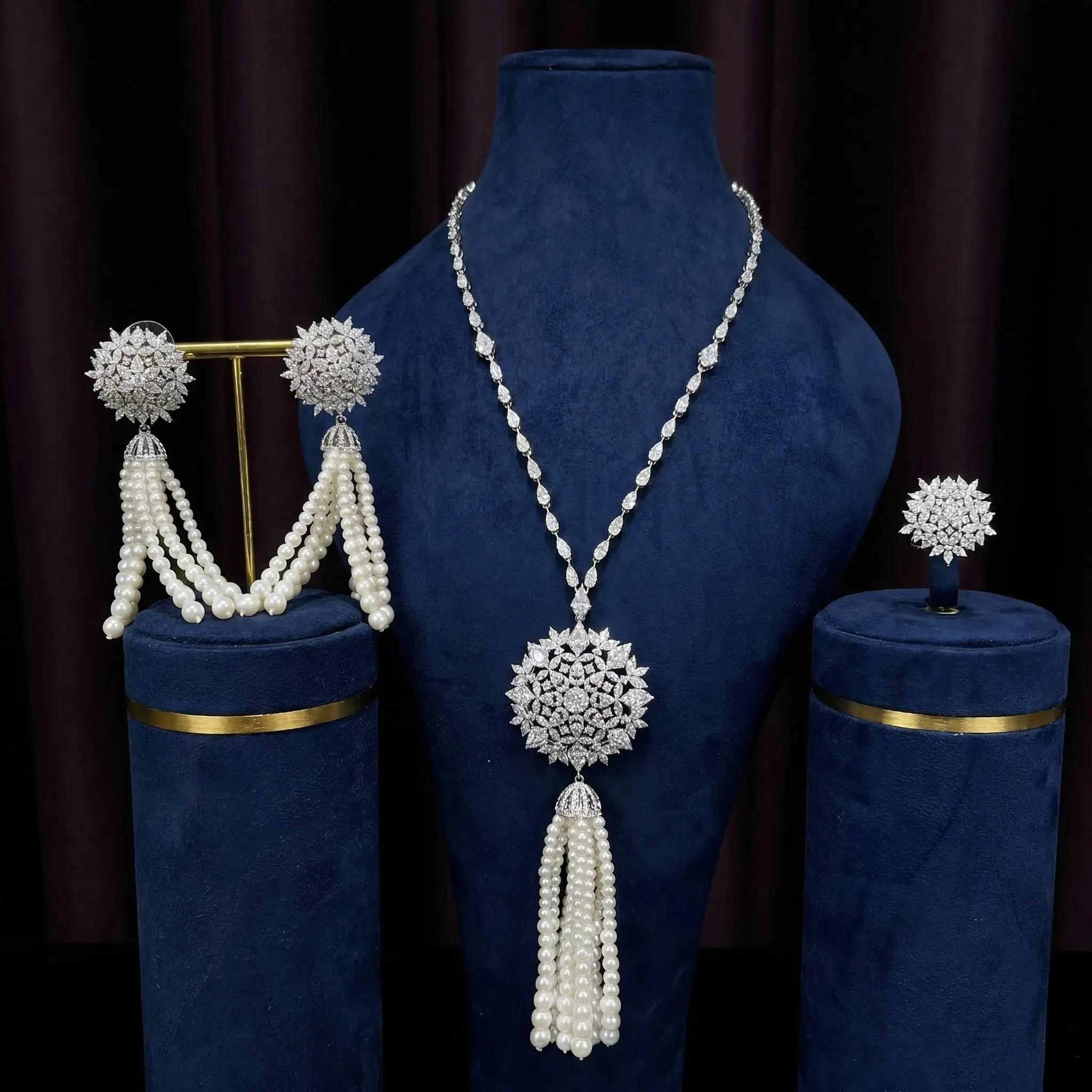 Bride Talk Luxury 3PCS Pearl Tassel Fringe Jewelry Set Floral Medallion Sunburst CZ Zirconia Dubai African Wedding Accessories