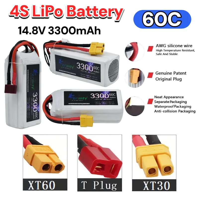 

4S 14.8V 3300mAh 60C Lipo Battery with Dual XT30 & XT60 Connector for RC Car, FPV Drone, Truck, Airplane Soft Case