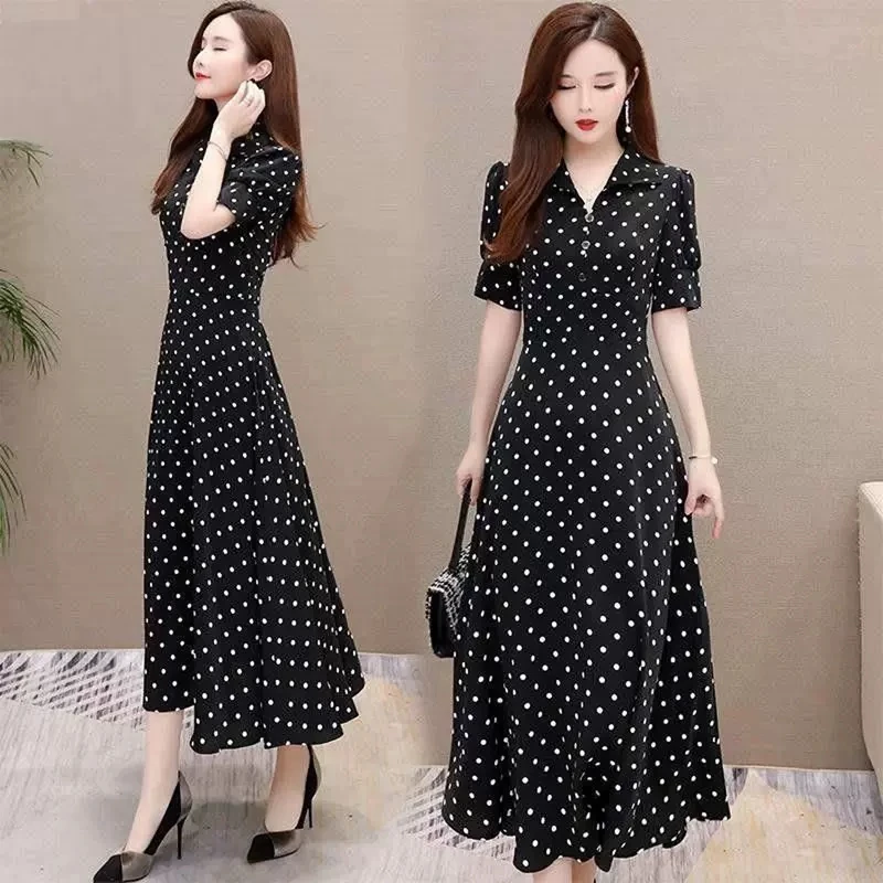 2024 New,Summer Short Sleeve Polka Dot Dress, For Womens Clothing ,Elegant Summer Dresses ,Korean Slim Chiffon Dress ,Vestidos,