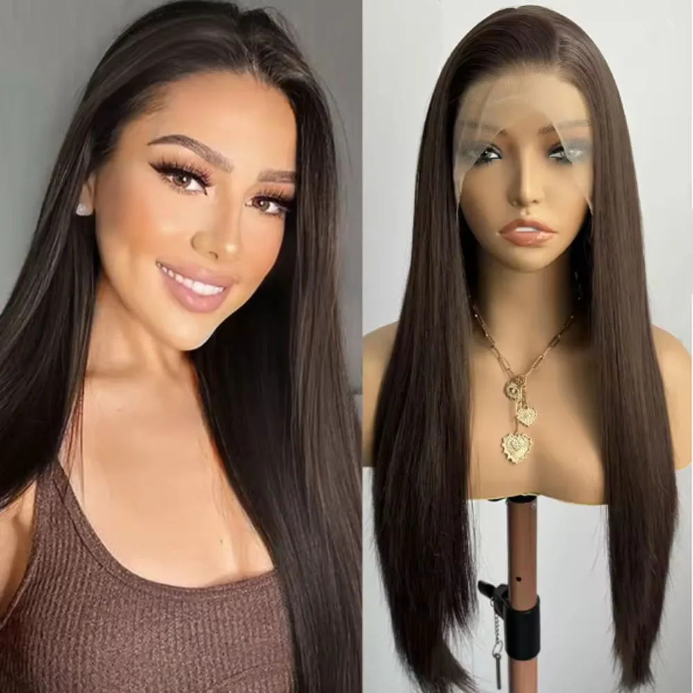 13x4 24 Inch Dark Brown Synthetic Lace Front Wig Glueless Heat Resistant Long Straight Deep Parting Suitable For Everyday Wear