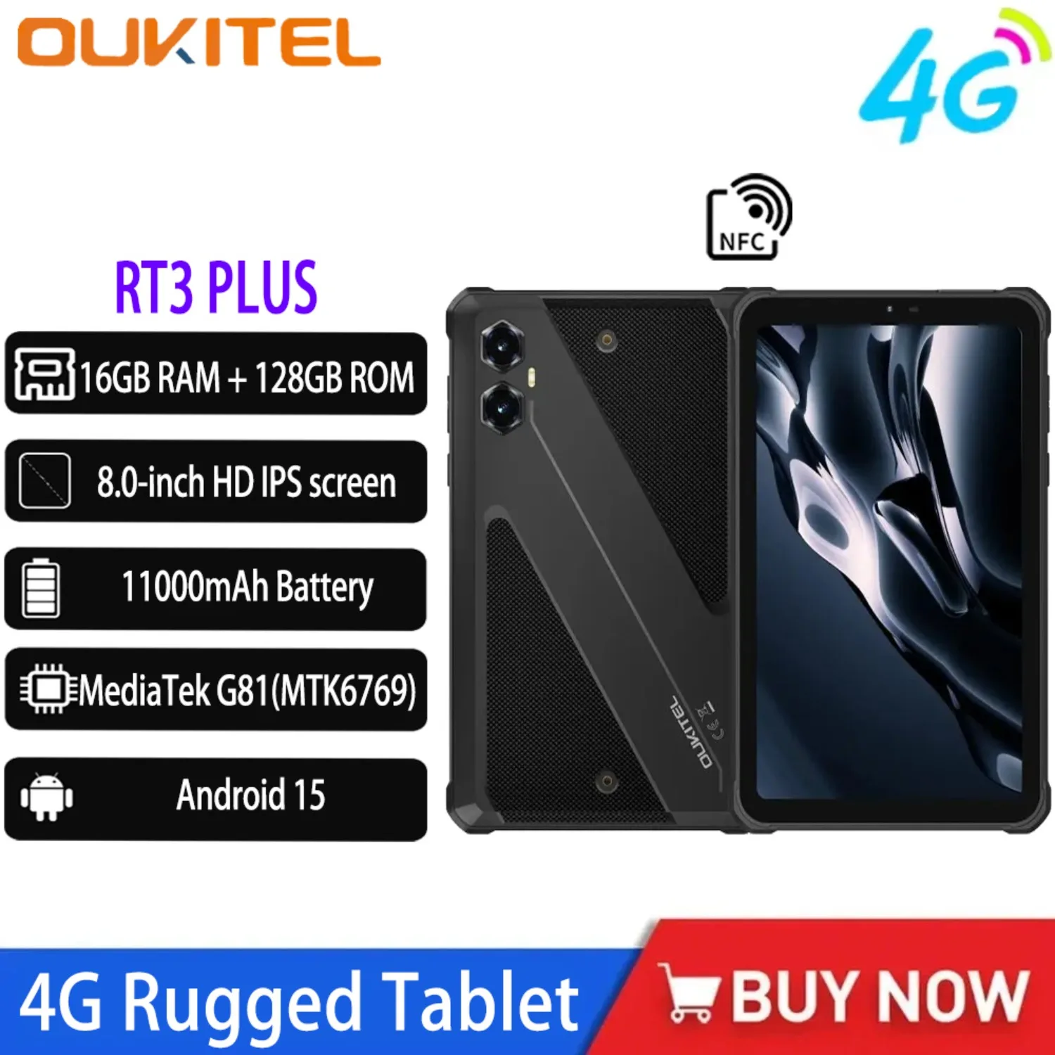 NEW Oukitel RT3 PLUS 4G Rugged Tablet 8 Inch HD 16GB (4+12)+128GB Smart Pad 11000mAh 16MP IP68 &IP69K Tablet PC  Android 15 NFC