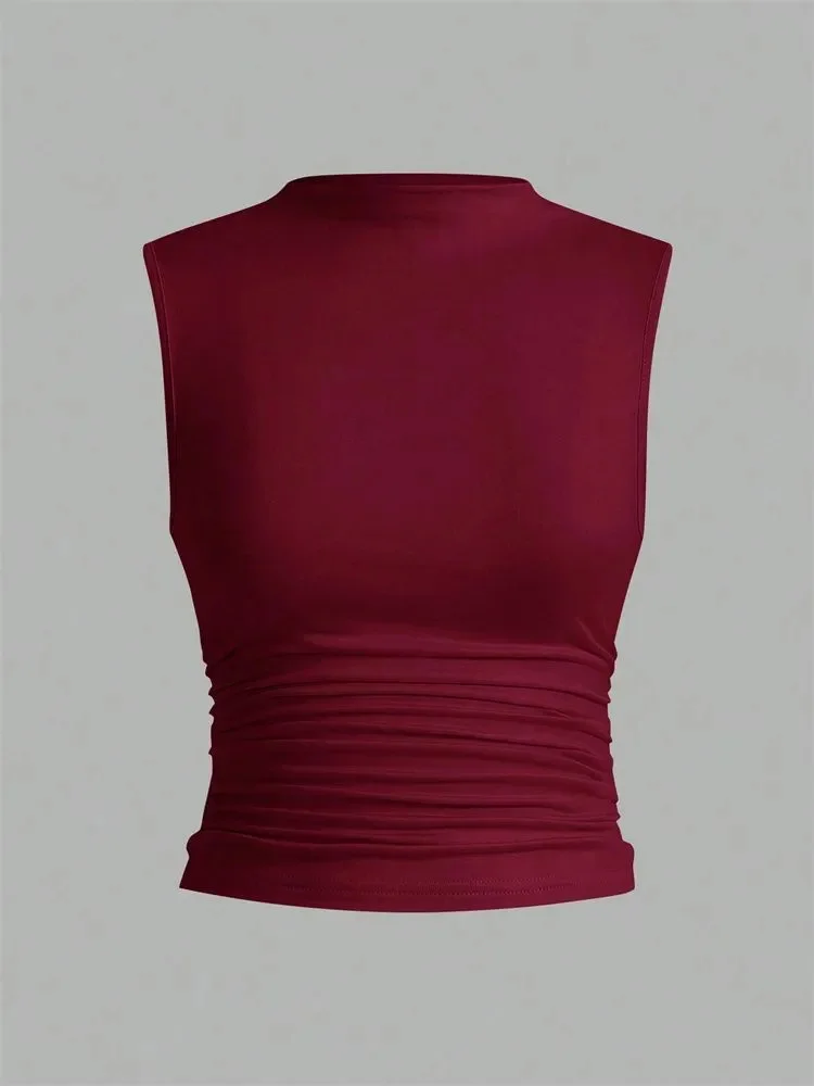 

Women's Mock Neck Pleated Crop Top Summer Solid Color Basic Sleeveless Ruched Tank Top Streetwear