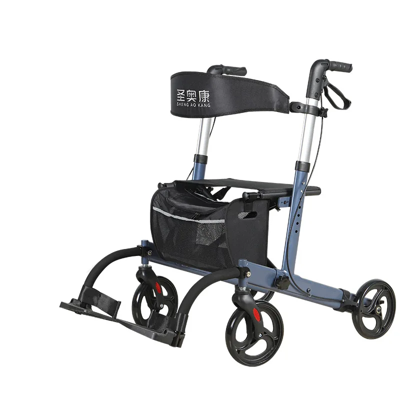 

Elderly four-wheel walker can sit and push disabled trolley Aluminum alloy portable shopping cart foldable