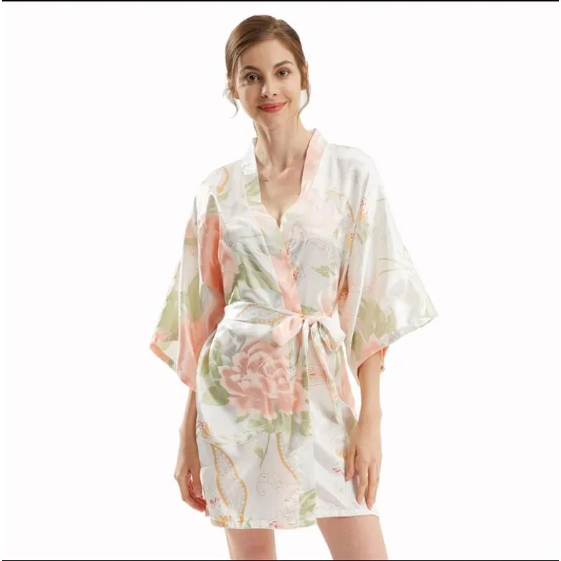 2024 Spring New Ladies Silk Satin Thin Robe Comfort Fresh Style Floral Printed Sleepwear Sexy Nightgown Femme Cozy Homewear