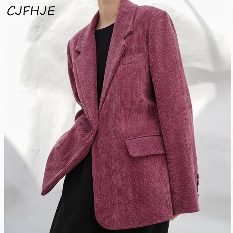 

CJFHJE Autumn Winter Corduroy Suit Coats Women Korean Fashion All Match Loose Female Jacket Casual Rose Red Office Lady Overcoat