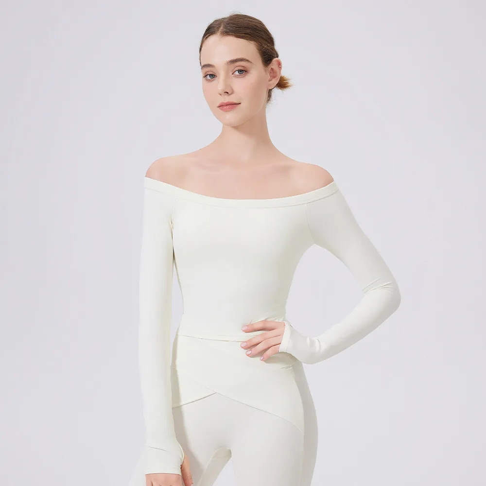 

Autumn Women Slim Yoga Shirts Off-Shoulder Long Sleeves Running Sweatshirts With Pad Sport T-Shirt Elastic Gym Fitness Top Femme
