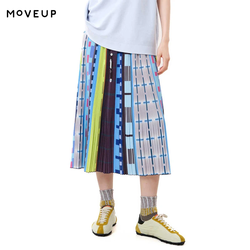 MOVEUP Women's Geometric Print Pleated Midi Skirt 2026 Autumn Winter Elastic Waist Color Block A‑Line Casual Skirt 3ELD10612