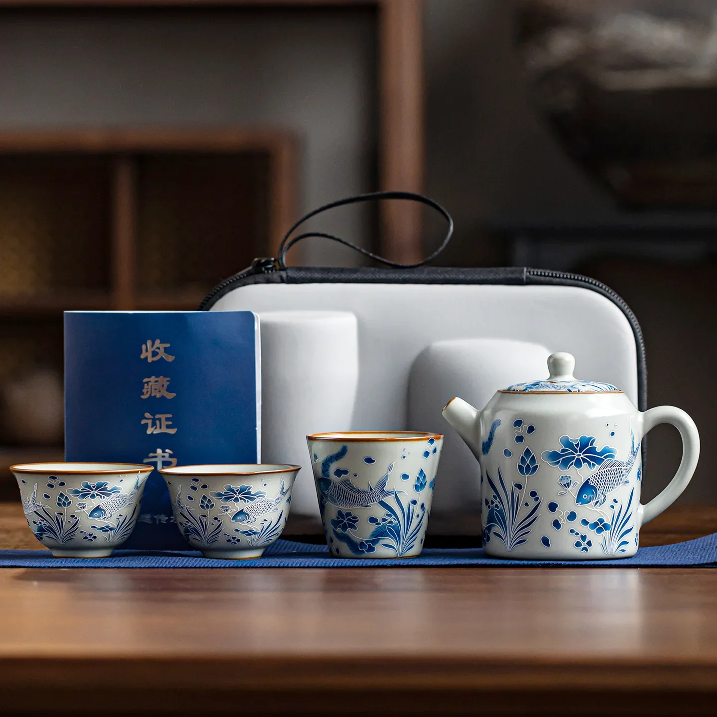 Ru Kiln Fish Algae Pattern Junpin Pot One Pot Three Cups Travel Kung Fu Tea Set Outdoor Ceramic Household Teapot Cup Gift Set