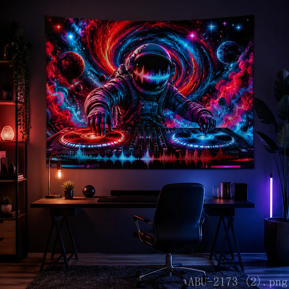 VIKAMA Cosmic DJ Astronaut Tapestry Neon Space Galaxy Wall Hanging for Bedroom Cyberpunk Decor