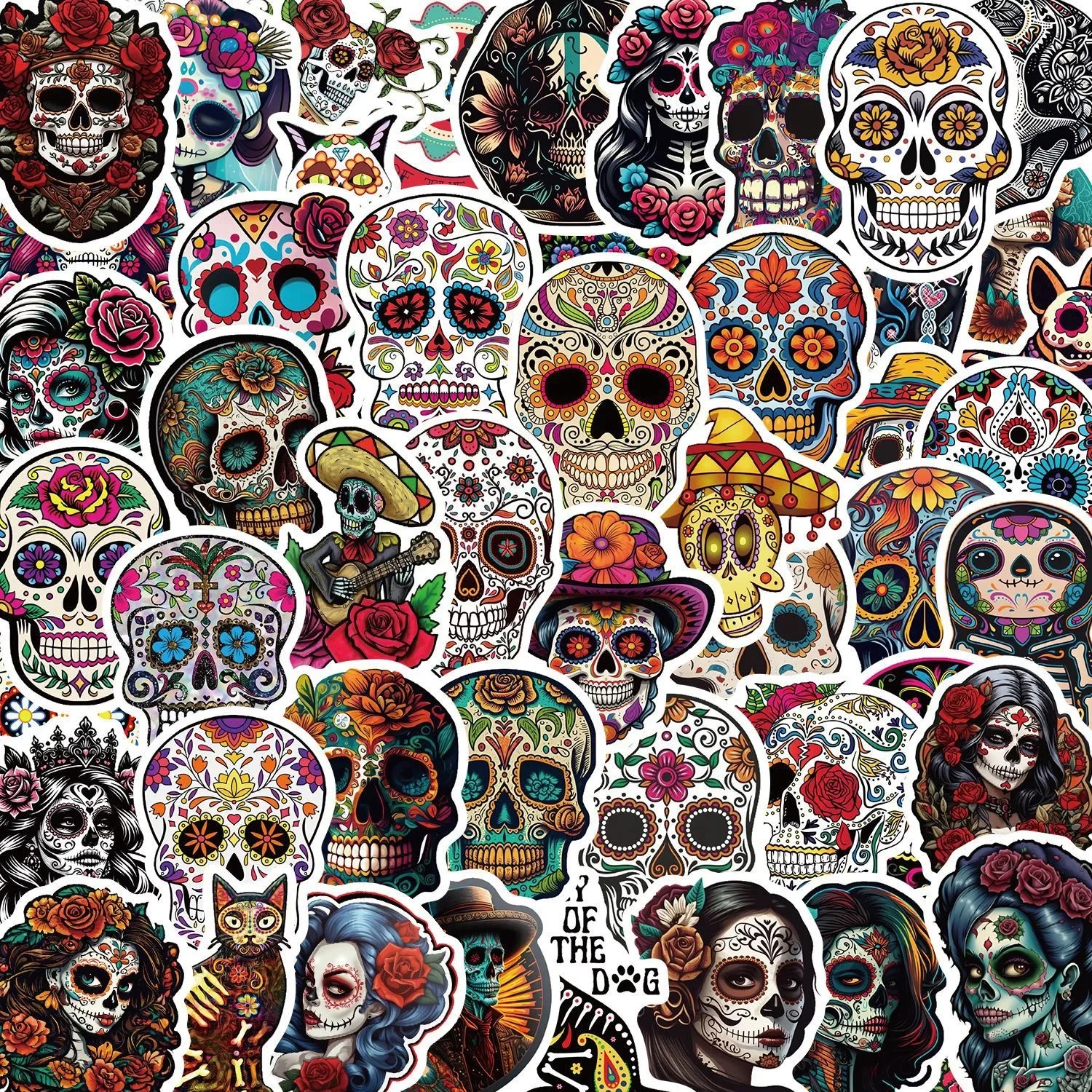 50 Stück Mexikanische Tag der Toten Horror-Totenkopf-Aufkleber DIY Skateboard Reisegepäck Scrapbook Handy Laptop Kühlschrank Aufkleber Spielzeug