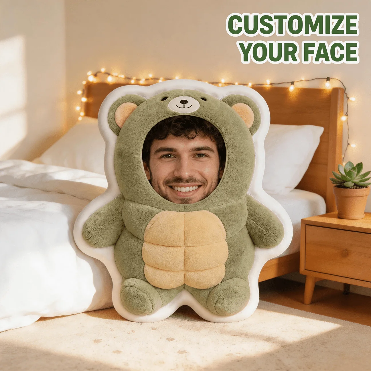 Customized photo bear costume design pillow, personalized face decoration cushion for green clothes, unique home decoration embe