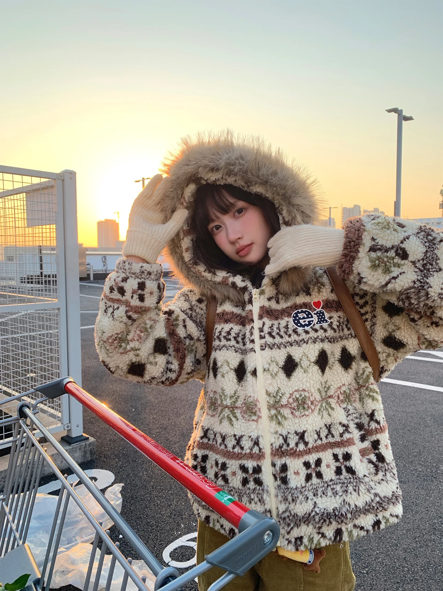 

Korean Sle Thiened Winter Coat Fair Isle Hat Hooded Cotton Jaet Women's Large Fur Collar Warm Circle Fur Women's Clothes