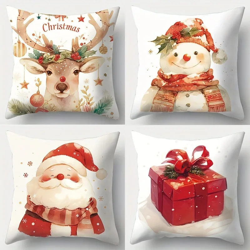 레드 화이트 크리스마스 테마 눈사람 눈송이, 크리스마스 요소 베개 케이스, 홈 파티 장식 쿠션 커버