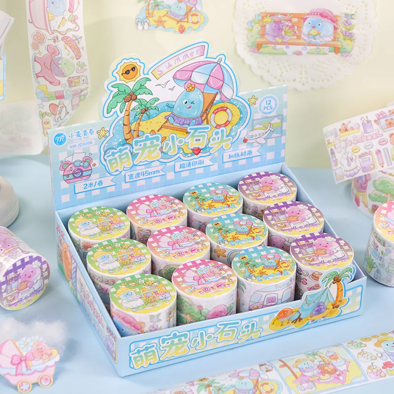 Contain Random Items, Cute Pet Little Stone Summer Washi Tape Set, 1/4/12 Rolls, Kawaii Beach Decorative Tape for Journal 0