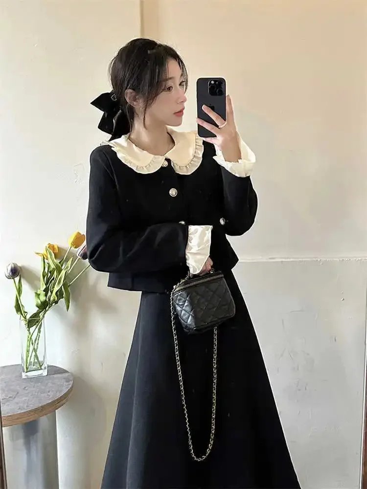 Insozkdg Chic Doll Collar Slimming Jacket Autumn Suit Women High Waist Half Skirt Casual Loose Two-Piece Set Female Office Lady