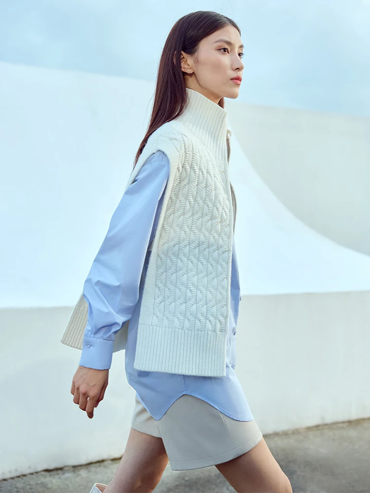 AMII Minimalism Wool New Women Vest 2023 Autumn Loose Fashion Turn-down Collar Zipper Sleeveless Office Lady Coats 12343151