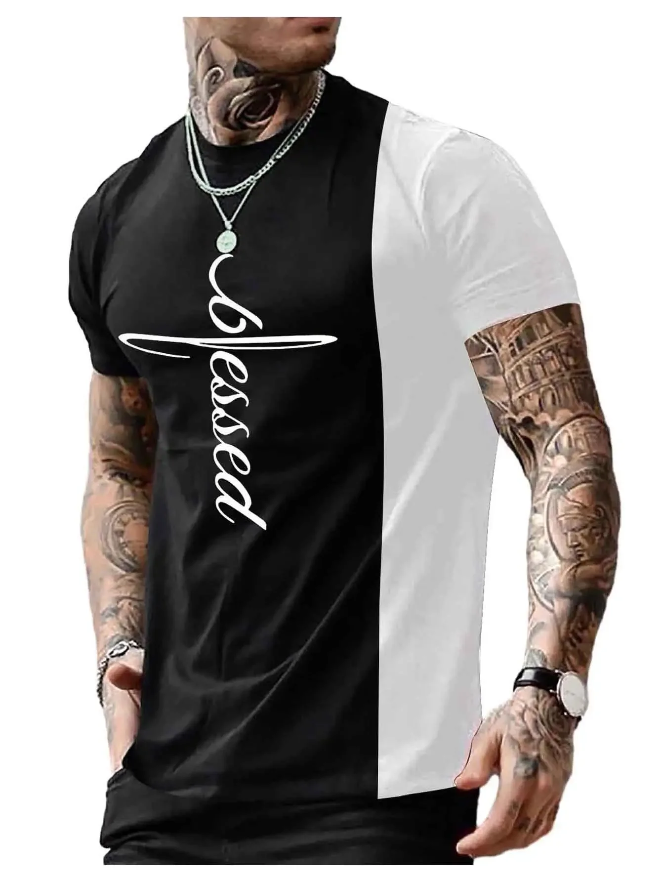 Trendy Men's Color Block Blessed Cross Letter Print T‑Shirt Black Red Splice Crew Neck Short Sleeve Faith Casual Tee Shirts