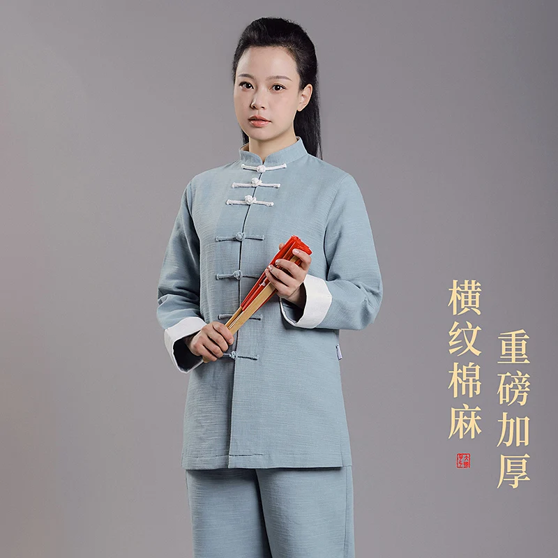 Premium Women's Heavyweight Fall Winter Tai Chi Practice Uniform - Cotton-Linen Blend Versatile Contrast Color Cuffed