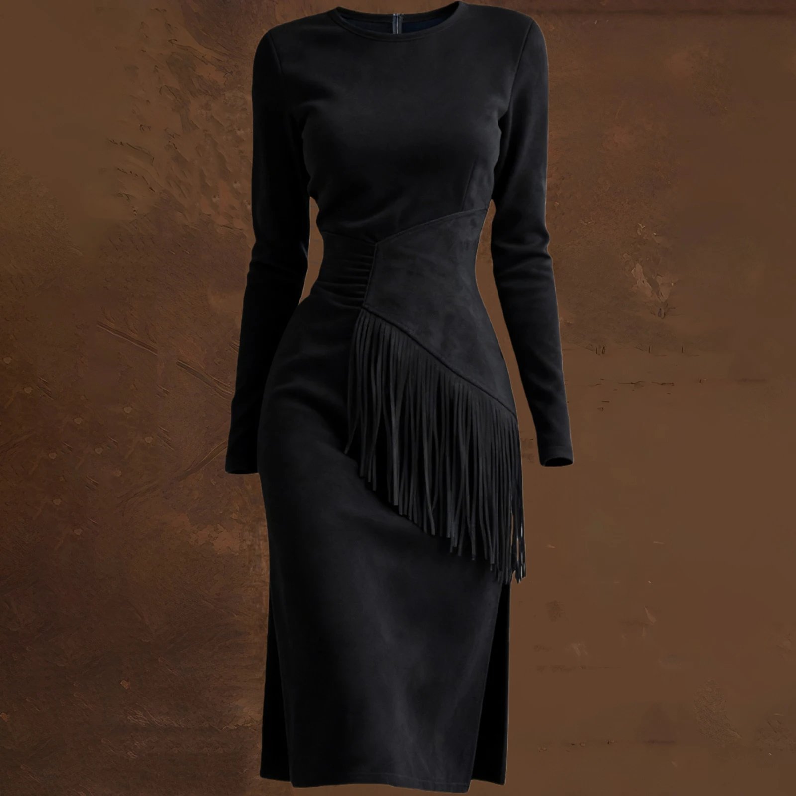 Robe à franges à manches longues et col rond, coupe cintrée, rétro occidentale, couleur unie, en daim, pour femmes, printemps et automne