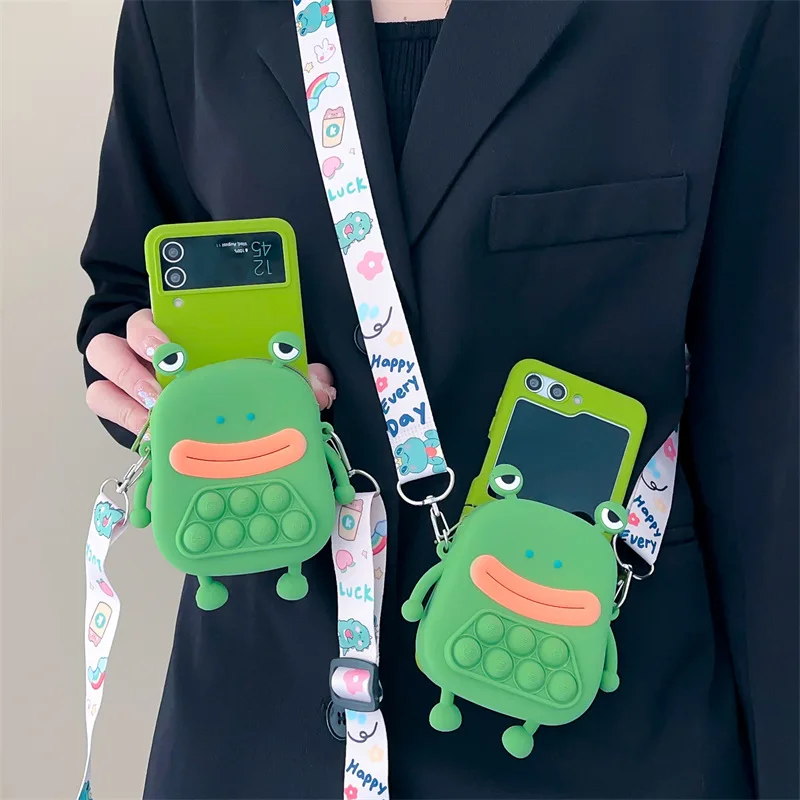 

Cartoon Frog Coin Purse Phone Case for Samsung Galaxy Z Flip 5 4 3 Protective Back Cover for ZFlip3 ZFlip4 ZFlip5 Case Shell
