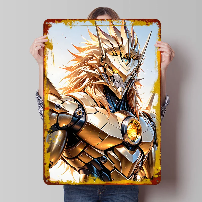Golden Armored Warrior Metal Poster Customized Wall Art Retro Vintage Tinplate Signs for Man Cave Gamer Room Decoration At Home