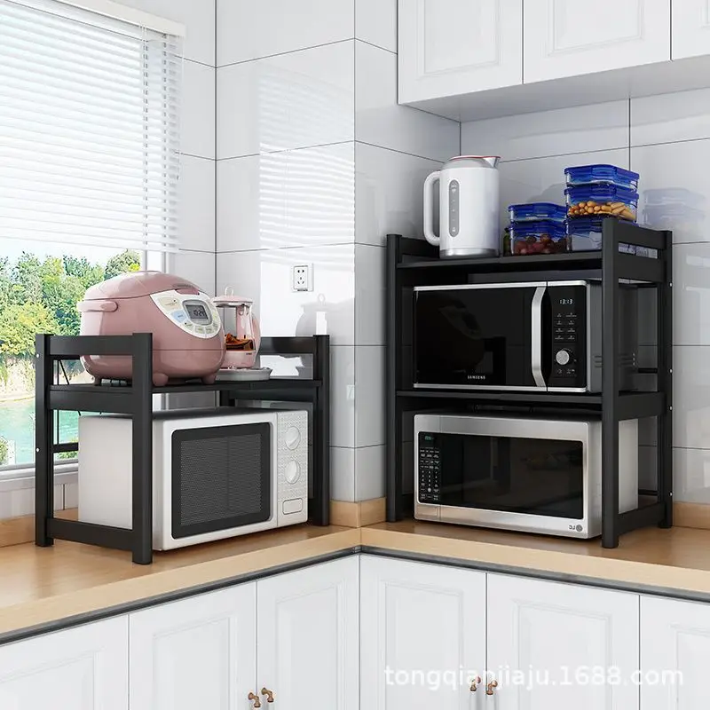 Expandable Carbon Steel Microwave Oven Rack Adjustable Width Countertop Storage Shelf Optional Hooks Cutting Board Holder