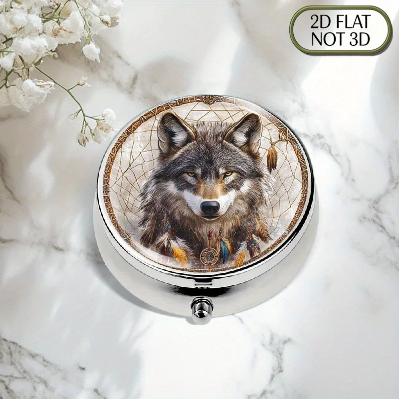 Single-piece flat, portable, round metal pill box, adorned with a large gray wolf dreamcatcher pattern, embellished with colorful feathers and jewelry, is an ideal choice for storing daily supplements, vitamins, and small items. Great gift for Father's Day or Independence Day, multifunctional flat design